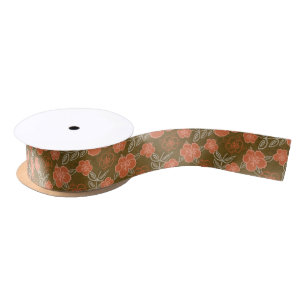 Peach and Brown Hawaiian Hibiscus Pattern Satijnen Lint