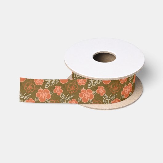 Peach and Brown Hawaiian Hibiscus Pattern Satijnen Lint (Spoel)