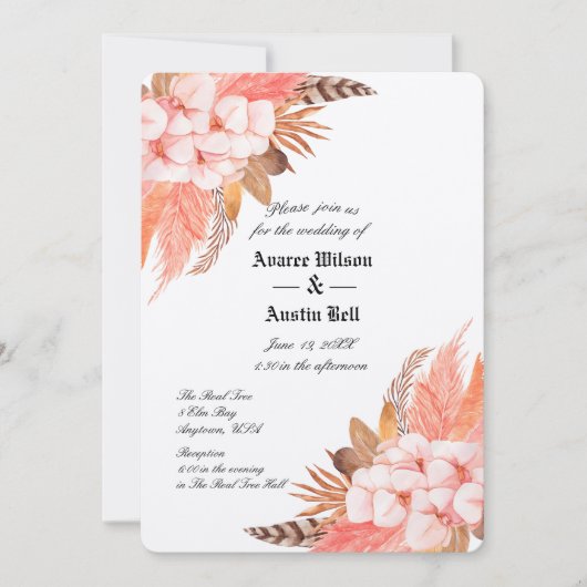 Peach and Brown Pampas Grass Wedding Invitation Kaart (Voorkant)