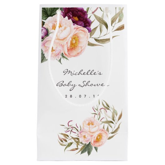 Peach and Burgundy Floral Baby shower Dank u wel Klein Cadeauzakje (Voorkant)