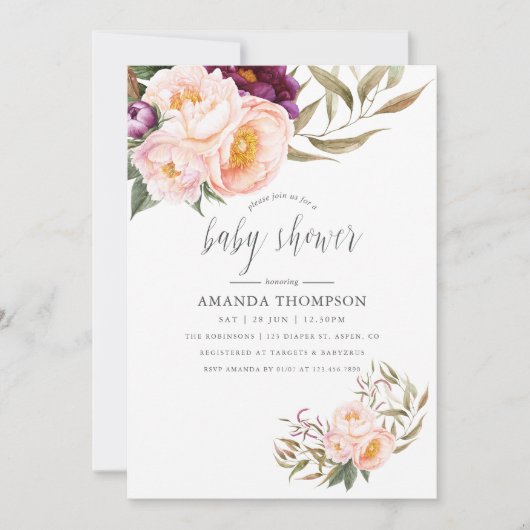 Peach and Burgundy Floral Baby shower Invitation Kaart (Voorkant)