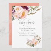 Peach and Burgundy Floral Baby shower Invitation Kaart (Voorkant / Achterkant)
