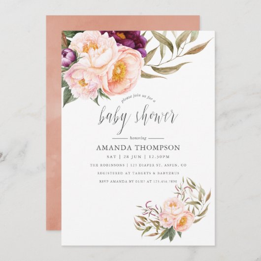Peach and Burgundy Floral Baby shower Invitation Kaart (Voorkant / Achterkant)