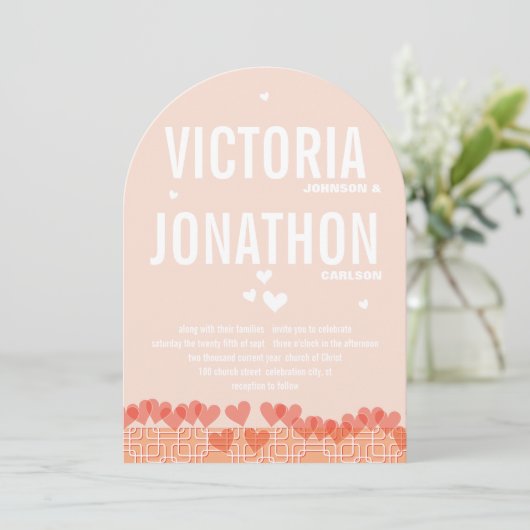 Peach and Coral Modern HeartsTypography Wedding Kaart (Staand voorkant)