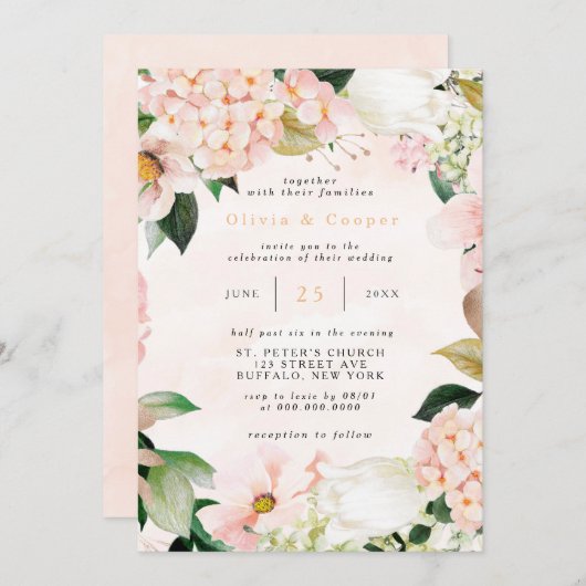 Peach and Cream Hydrangeas Tulip Chic Wedding Kaart (Voorkant / Achterkant)