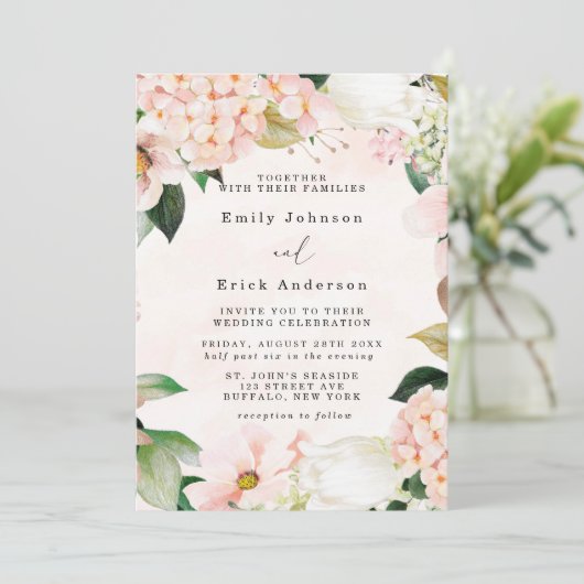 Peach and Cream Hydrangeas Tulip Wedding Kaart (Staand voorkant)