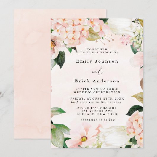 Peach and Cream Hydrangeas Tulip Wedding Kaart (Voorkant / Achterkant)