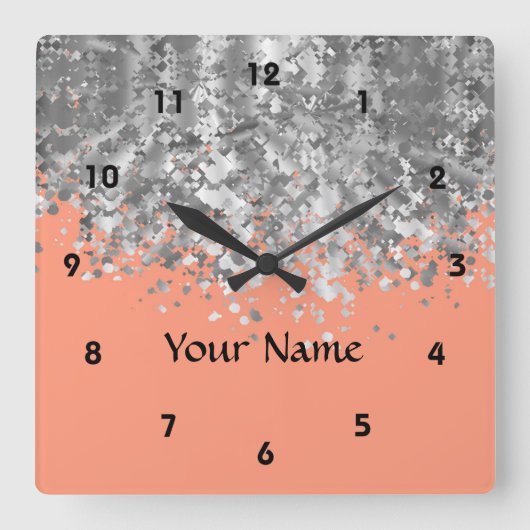 Peach and faux glitter op maat vierkante klok (Voorkant)