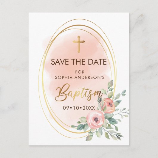 Peach and Gold Baptism Save the Date Briefkaart (Voorkant)
