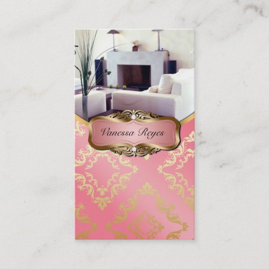 Peach and Gold Damask-fotoVisitekaartje Visitekaartje (Voorkant)