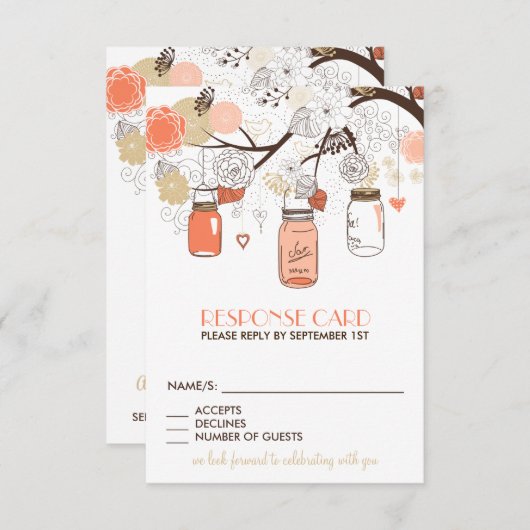 Peach and Gold Mason Jars Spring Flowers RSVP-kaar RSVP Kaartje (Voorkant / Achterkant)
