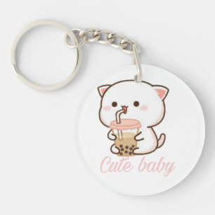 Peach and Goma Mochi Cat Bubble Tea Baby Bodysuit Sleutelhanger