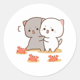 Peach and Goma Mochi Cat Ronde Sticker
