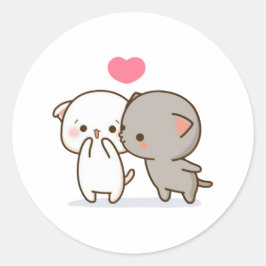 Peach and Goma Mochi Cat Ronde Sticker