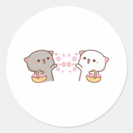 Peach and Goma Mochi Cat Ronde Sticker