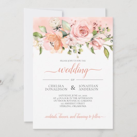 Peach and Green Floral Wedding Invitation Kaart (Voorkant)