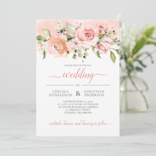 Peach and Green Floral Wedding Invitation Kaart (Staand voorkant)