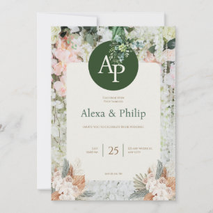 Peach and Green Floral Wedding Invitation Kaart