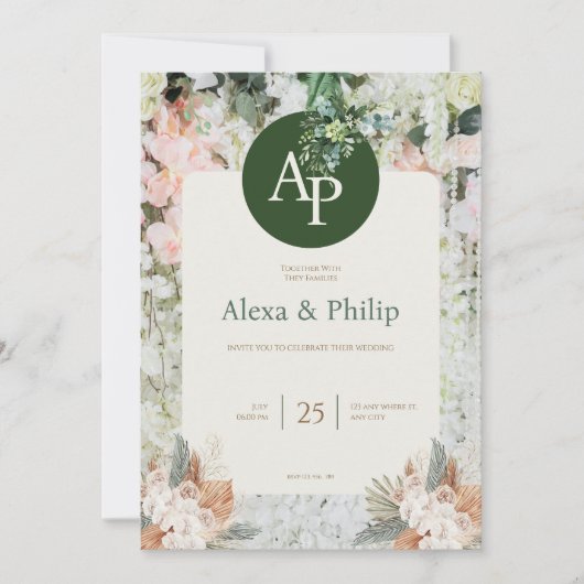 Peach and Green Floral Wedding Invitation Kaart (Voorkant)