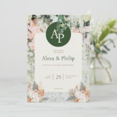 Peach and Green Floral Wedding Invitation Kaart (Staand voorkant)