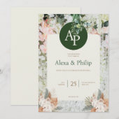 Peach and Green Floral Wedding Invitation Kaart (Voorkant / Achterkant)