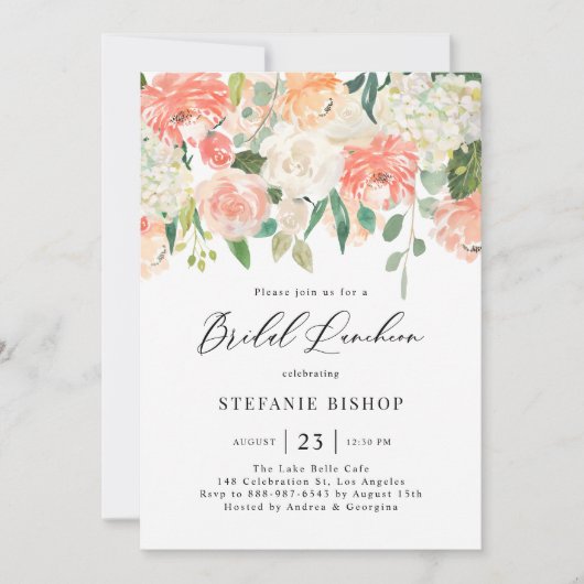 Peach and Ivory Waterverf Flowers Bridal Luncheon Kaart (Voorkant)