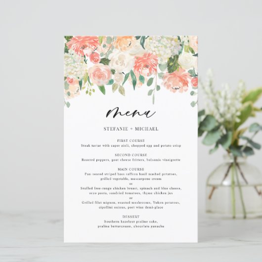 Peach and Ivory Waterverf Flowers Wedding Menu (Staand voorkant)