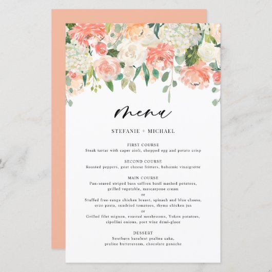Peach and Ivory Waterverf Flowers Wedding Menu (Voorkant / Achterkant)