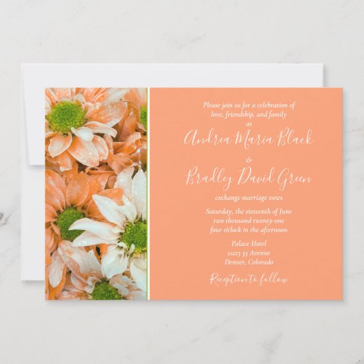 Peach and Lime Green Daisy Wedding Invitation Kaart (Voorkant)