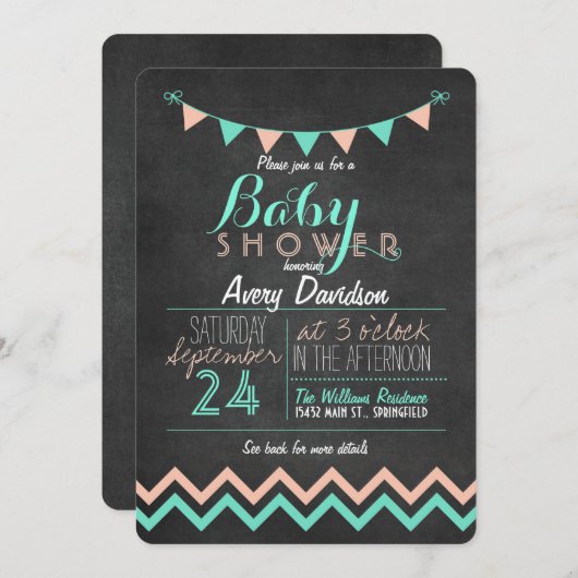 Peach and Mint Bunting Flag Chalkboard Baby shower Kaart (Voorkant / Achterkant)