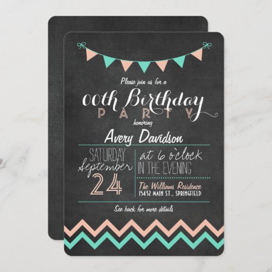 Peach and Mint Green Chalkboard verjaardagsfeestje Kaart (Voorkant / Achterkant)