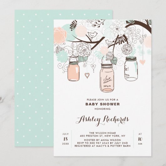 Peach and Mint Mason Jars Baby shower Invitation Kaart (Voorkant / Achterkant)