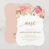Peach and Pink Peony Flowers First Birthday Party Kaart (Voorkant / Achterkant)