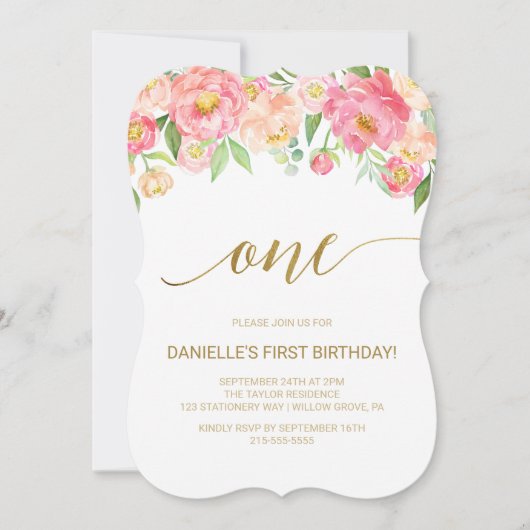 Peach and Pink Peony Flowers First Birthday Party Kaart (Voorkant)