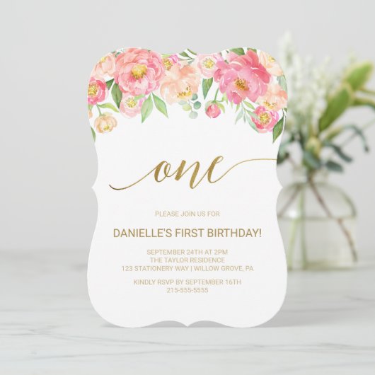 Peach and Pink Peony Flowers First Birthday Party Kaart (Staand voorkant)