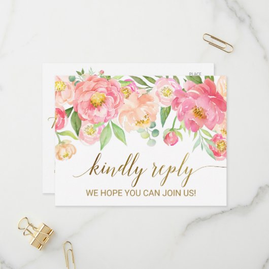 Peach and Pink Peony Flowers Menu Keuze RSVP (Voorkant / Achterkant in situ)