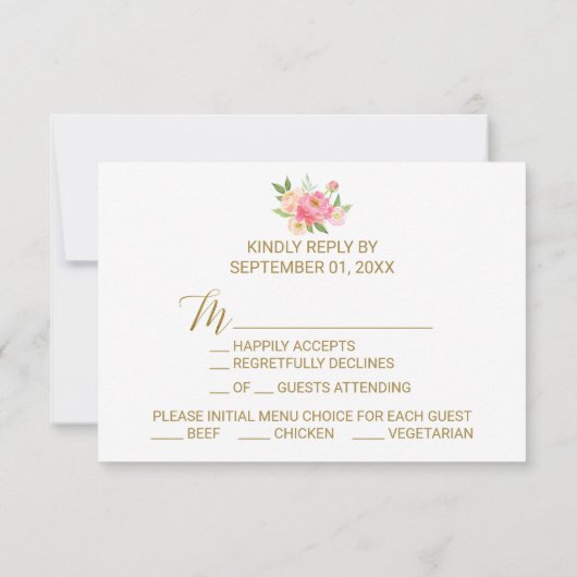 Peach and Pink Peony Flowers Menu Keuze RSVP-kaart (Achterkant)