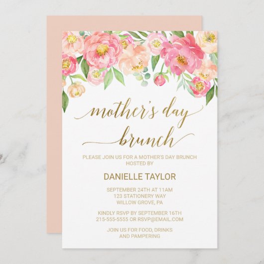 Peach and Pink Peony Flowers Moederdag Brunch Kaart (Voorkant / Achterkant)