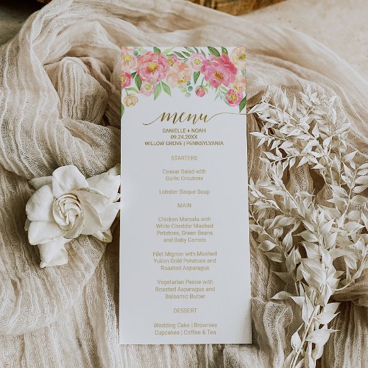 Peach and Pink Peony Flowers Wedding Menu Kaart