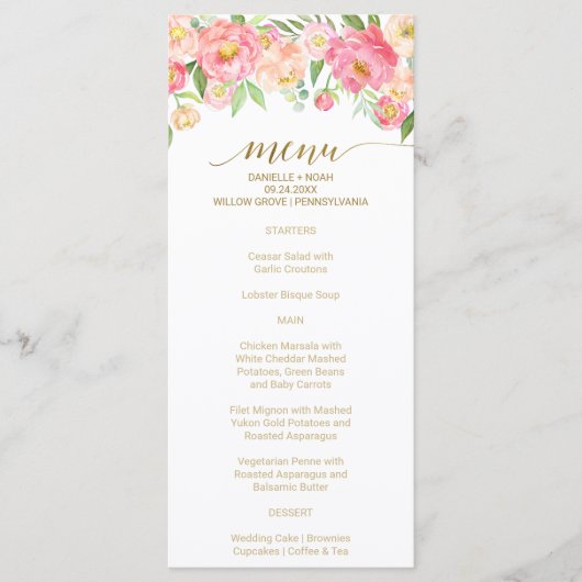 Peach and Pink Peony Flowers Wedding Menu Kaart (Voorkant)