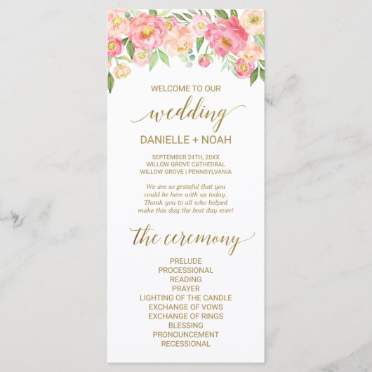 Peach and Pink Peony Flowers Wedding Programme Programmakaart (Voorkant)