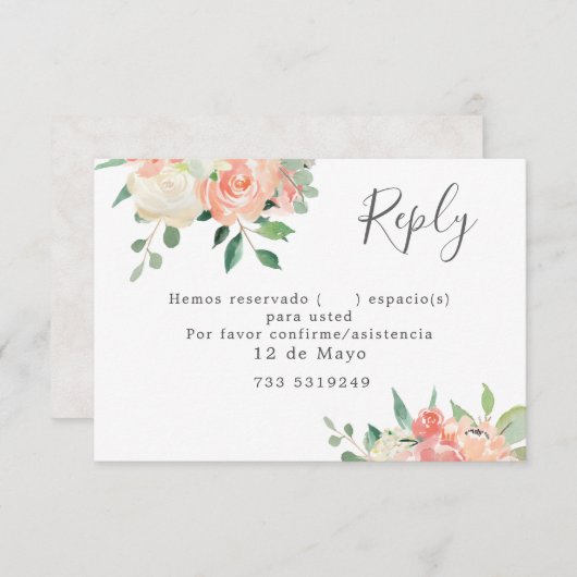 Peach and Pink Waterverf Floral Wedding RSVP Invi Kaart (Voorkant / Achterkant)