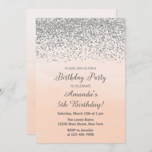 Peach and Silver Birthday Invitation Kaart (Voorkant / Achterkant)
