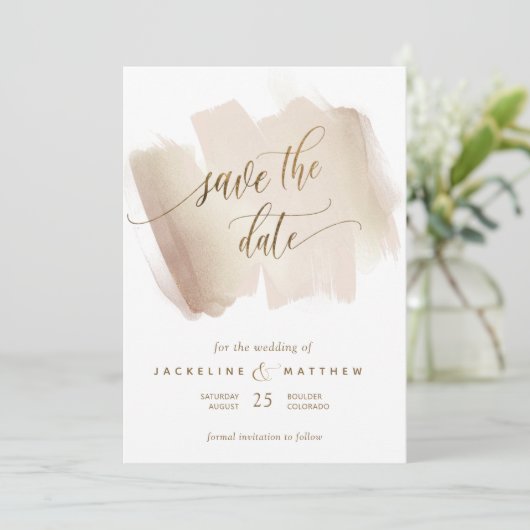 Peach and Terracotta Brush Strokes Minimal Wedding Save The Date (Staand voorkant)