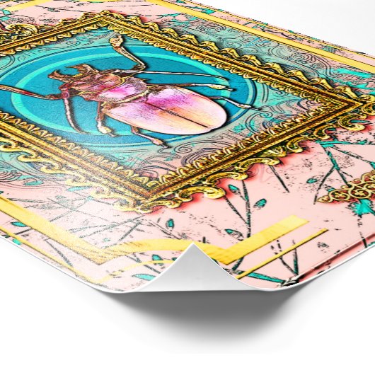 Peach and Turquoise Chic Victoriaans Beetle Specim Foto Afdruk (Hoek)