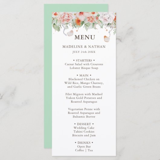 Peach and White Floral Wedding Dinner Menu (Voorkant / Achterkant)