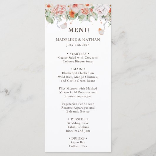 Peach and White Floral Wedding Dinner Menu (Voorkant)