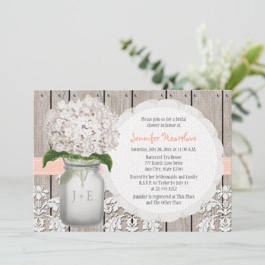 Peach and White Hydrangea Mason Jar Vrijgezellenfe Kaart (Staand voorkant)