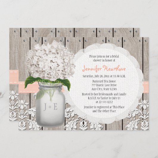 Peach and White Hydrangea Mason Jar Vrijgezellenfe Kaart (Voorkant / Achterkant)