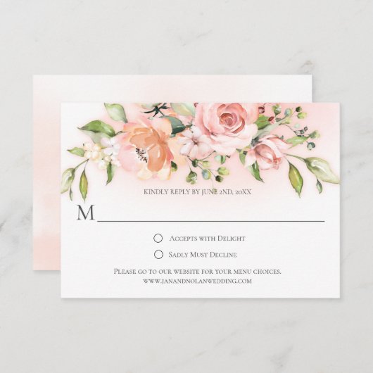 Peach and White Roses Greenery Colorwash RSVP (Voorkant / Achterkant)